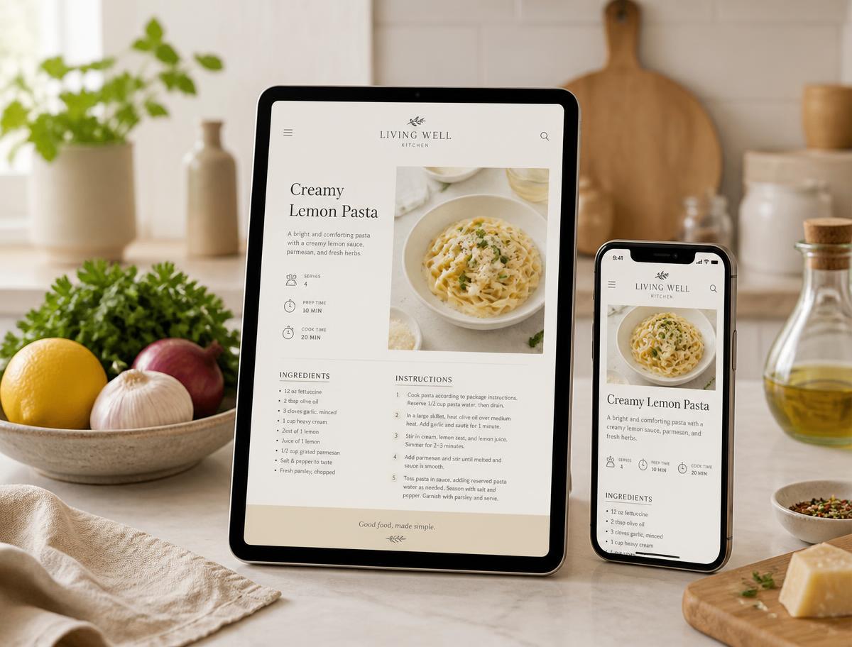 El recetario abierto en una tablet y un celular sobre la mesada de la cocina